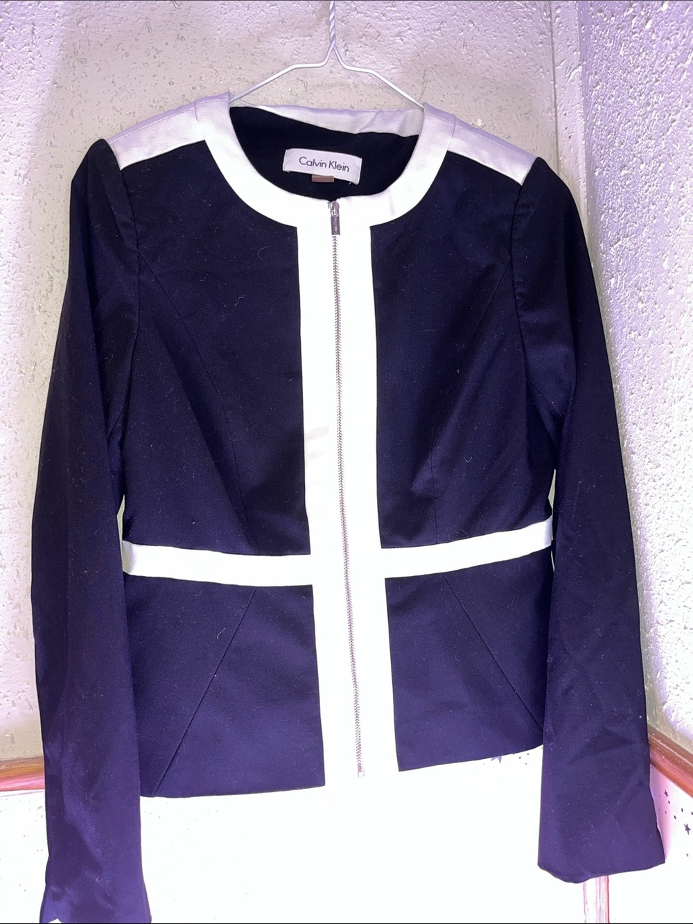 Calvin Klein Navy and White Zip-Front Blazer